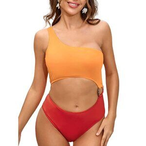 ONE SHOULDER ORANGE RED O'RING CUTOUT ONE PIECE SWIMSUIT SIZE XL NWT